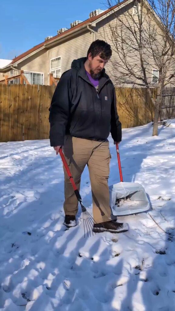 Doggy Doods owner Eugene scooping dog poop in cold weather and snow