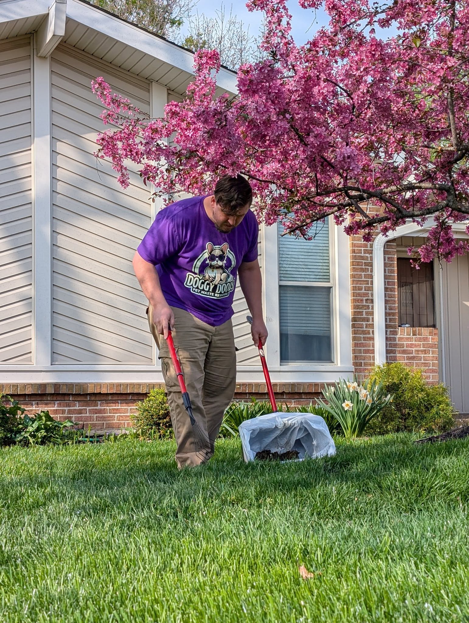 Doggy Doods owner showing how to keep your yard clean and odor-free after dog poop